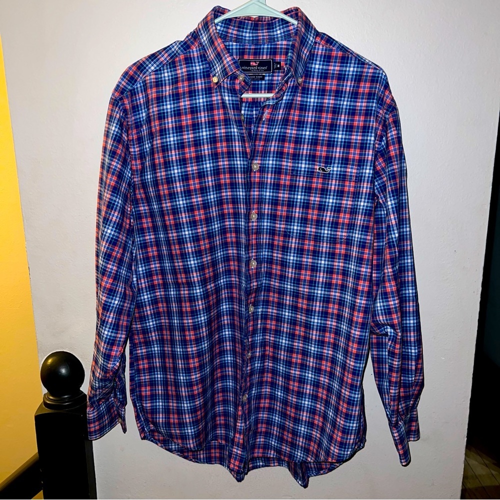 Vineyard Vines Pink Blue Plaid Button Down Shirt Mens Long Sleeve Size M